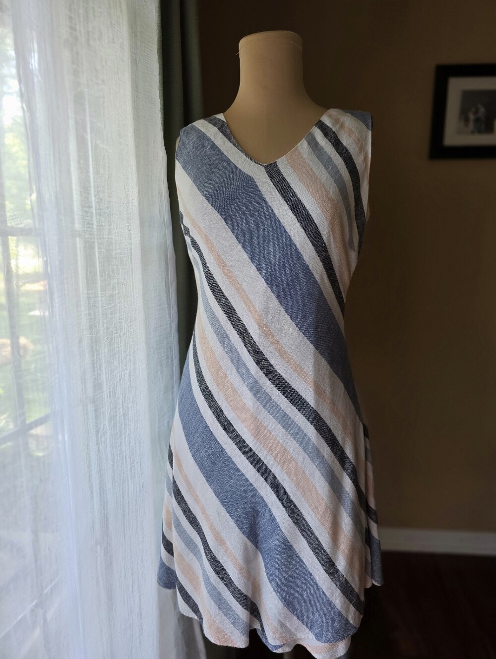 Striped Linen Blend Sleeveless Midi Dress Blue Pink White V-Neck Lined Size S - Picture 1 of 13